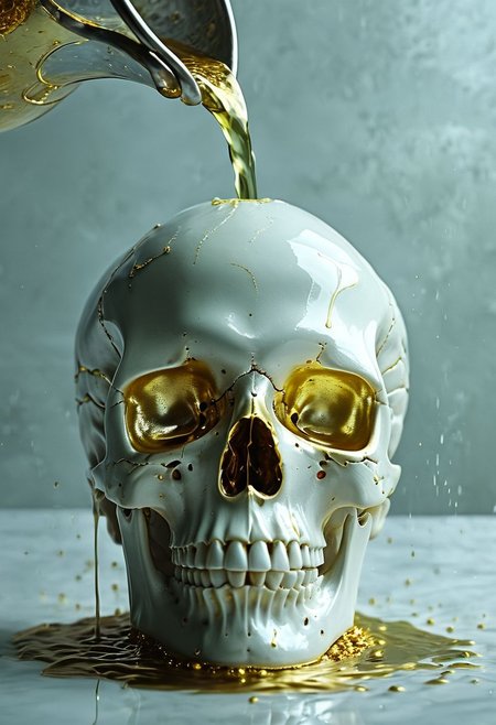 A breathtaking image of a white human skull with liquid gold being poured on its head, highly detailed, high quality surreal image, movie poster style