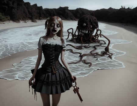 (score_9,score_8_up,score_7_up:1), 1girl, full body, Off center view, horror, daylight, warm tones, Cute, (goth, (black lipstick, black mascara, black eyeshadow)), (skinny), neonglow color hair, intricate layered hairstyle, choker, eyeshadow)) (etherial scarred skin), Huge ass, narrow waist, (Running), messy beach, (<lora:zavy-cntrst-sdxl:1> chiaroscuro, low-key, horror), ((<lora:goth_clothes:1> skirt(side lace-up corset, black skirt))), <lora:AdamHughes_PDXL-style:1> AdamHughesstyle, <lora:add-detail-xl:1>
