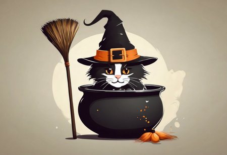 LogoRedAF Kitty, witch's hat, cauldron, broom <lora:LogoRedmond_LogoRedAF:1> <lora:add-detail-xl:1> <lora:xl_more_art-full_v1:1>