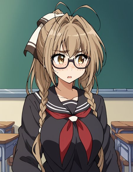 score_9, score_8_up, score_7_up, source_anime, <lora:isuzu-sento-s1-ponyxl-lora-nochekaiser:1>, isuzu sento, long hair, brown hair, bow, brown eyes, ponytail, hair intakes, antenna hair, large breasts, <lora:jimiko-ponyxl-lora-nochekaiser:1>, jimiko, glasses, black-framed eyewear, messy, unkempt, thick eyebrows, twintails, braids, freckles, baggy eyes,, blush, open mouth, embarrassed, classroom, adjusting eyewear, serafuku, black serafuku, red neckerchief, skirt, black skirt, pleated skirt, cowboy shot, <lora:averting-eyes-ponyxl-lora-nochekaiser:1>, averting eyes,