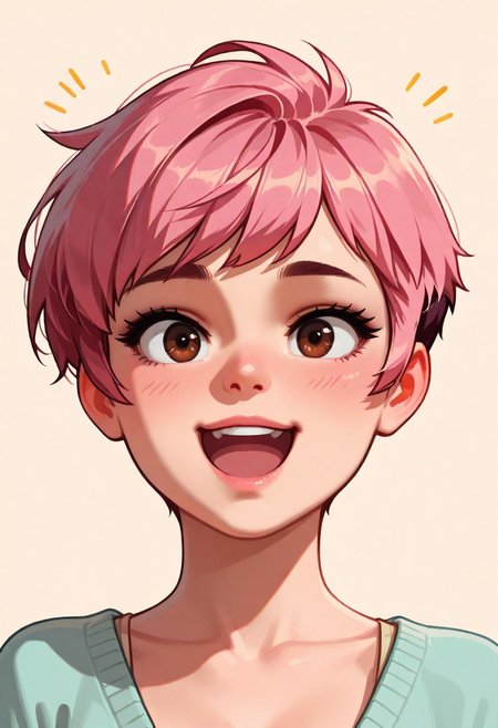 chibi, high contrast, masterpiece, best quality, amazing quality, very aesthetic, retro artstyle, realistic, promotional art, newest, volumetric lighting.
(artist:incase:0.5), (artist:tsuaii:0.5), color theory,
1girl, face, solo, straight-on, focus on face, front view, portrait, (excited: 1.5), Pixie cut, pink hair, brown eyes, luminescent background, simple background.
