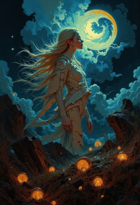 A striking photorealistic portrait of a lone celestial researcher in a nocturnal dreamscape. The woman, a blonde figure with flowing hair illuminated by the soft glow of ethereal moonlike spheres, stands confidently amidst a dark expanse of wild grass. She wears a sleek, futuristic white jumpsuit with subtle metallic accents that catch the ambient light. Her hands rest gently on a glowing orb cradled against her hip, its golden and crimson luminescence casting warm hues across her face and the surrounding dew-covered ground. Her gaze is directed upward toward the storm-laden sky, filled with dramatic cumulonimbus clouds that pulse faintly with reflected light from the spheres, creating an air of quiet determination and wonder.
The lighting is diffused and moody, with soft bioluminescent glows from the spheres providing a gentle, otherworldly radiance. Cool blue tones from the stormy sky contrast with the warm highlights of the orbs, creating a dynamic interplay of color and atmosphere. A faint mist lingers in the air, softening the edges of the scene and enhancing its dreamlike quality. The textures of her jumpsuit, the luminous spheres, and the dewy grass are rendered in exquisite detail. Shot in the style of Annie Leibovitz, this composition blends cinematic portraiture with surreal environmental storytelling,with ultra-detailed textures and an emphasis on soft, diffused lighting to evoke an ethereal yet grounded narrative.
vantablack, DB4RZ, DB4RZ style painting
