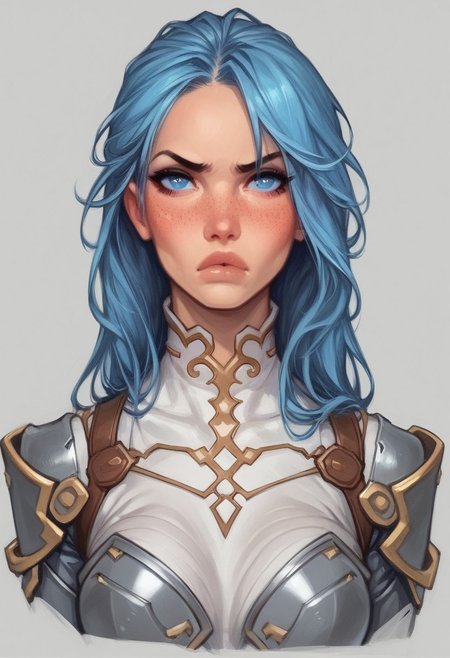beauty female, mesmerizing, cute-faced, Dimpled, light blue Almond-shaped eyes , Gray/Silver, Long Hair Styles Layers, Fair, Sloppy, Disheveled,  Pout,  Blush,  Determined, Fidgeting, Freckles, futuristic skin tight leather armor, (((full-clothed))), ((long big sword in hands, sword in hands)) 
BREAK 
strange world background score_9, score_8_up, score_7_up, score_6_up, source_cartoon, rating_explicit, Expressiveh, (((((portrait))))), dynamic pose