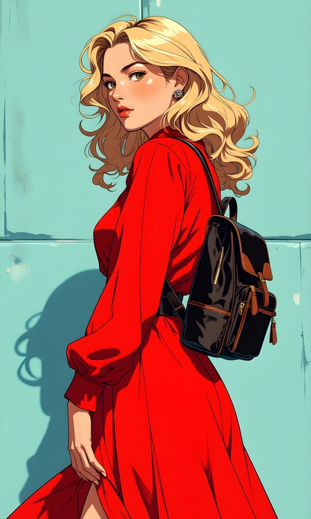 The subject is a woman with long, wavy blonde hair styled in loose waves. She is wearing a vibrant red dress that flows elegantly around her body. The dress has a high neckline and long sleeves, giving it a sophisticated and timeless look. Her posture is confident and poised, with one hand resting lightly on her hip. 
The woman's facial expression is serene and composed. Her gaze is directed slightly away from the camera, adding an air of mystery and contemplation. Her lips are closed, and her eyes convey a sense of calmness and self-assurance. 
The woman is standing with her back partially turned to the camera, allowing for a three-quarter view of her figure. Her left arm is bent at the elbow, with her hand resting on her hip, while her right arm hangs loosely by her side. This pose highlights the flow of her dress and the details of her outfit. 
She is dressed in a striking red dress that features a high neckline and long sleeves. The dress is cinched at the waist with a belt, accentuating her figure. The fabric appears to be lightweight and flowing, adding a graceful quality to her appearance. She also carries a black backpack with brown accents, which adds a casual yet stylish element to her overall look. 
The camera is positioned at eye level, capturing the subject from a medium distance. This angle allows for a clear view of her upper body and face while still including part of the background. The framing centers the subject, drawing immediate attention to her and her attire. 
The lighting in the image is soft and even, with no harsh shadows. The light source appears to be coming from the front-left side, casting gentle shadows that contour her features and the folds of her dress. The overall illumination is balanced, highlighting the rich color of her dress and the texture of her hair. 
The background is a plain, light blue wall, which provides a neutral backdrop that does not distract from the subject. The simplicity of the background ensures that all attention remains on the woman and her outfit. There are no other elements or distractions in the background, emphasizing the focus on the subject. 
The composition is well-balanced, with the subject placed centrally in the frame. The vertical lines of her dress and the diagonal lines of her pose create a sense of movement and dynamism. The contrast between the vibrant red of her dress and the muted blue of the background further emphasizes the subject, making her the focal point of the image. The overall composition conveys a sense of elegance and style. 
BREAK anime, d13s3lp2nk, bboil artist style, OBdonman, Anime art, <lora:FLUX\Anime Art V3:0.2>, <lora:FLUX\Synesthesia:0.2>, <lora:FLUX\RetroAnimeS1.1:0.5>, <lora:FLUX\Flux-jijia:0.1>, <lora:FLUX\It's a LoRA for portraits, BUT! actually specialized in backgrounds. v1.0:0.1>, <lora:FLUX\GLSHS:0.2>, <lora:FLUX\Dieselpunk Delight - s0_9 g4:0.4>, <lora:FLUX\OBdonman, anime0style portrait:0.1>