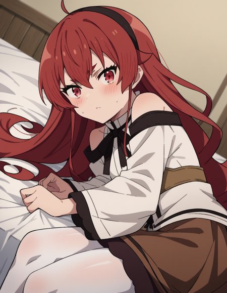 score_9, score_8_up, score_7_up, source_anime,
erisgreyrat, <lora:eris-boreas-greyrat-s1-ponyxl-lora-nochekaiser:1>,
eris greyrat, ahoge, hair between eyes, long hair, red eyes, red hair, sidelocks,
black hairband, black ribbon, brown skirt, hairband, long sleeves, neck ribbon, pantyhose, ribbon, shirt, shoulder cutout, skirt, white pantyhose, white shirt, wide sleeves,
indoors, bed, bed room, on side, blush, drunk,
looking at viewer, dutch angle, cowboy shot,