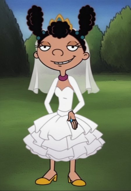 Timberly, 1girl, solo, black hair, smile, black eyes, masterpiece, best quality, outdoors, full body, barefoot, standing, perfect small flat chest natural breasts; 
Wedding dress, Wedding veil, Golden tiara, Golden Wedding ring, Golden high heels sandals, 
headshot, face focus, smug smile, parted lips, long eyelashes, black eyes, <lora:Timberly:1>,