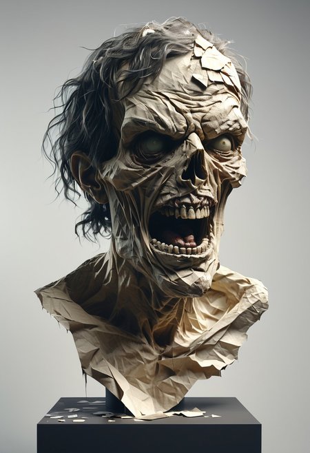 A cinematic medium shot of a 3D sculpture of a decaying zombie head made from crumpled paper. The head is perched on a pedestal and has a menacing grin, with unsettlingly realistic eyes. The sculpture is illuminated by soft, diffused lighting, which highlights the intricate texture of the crumpled paper. The background is neutral and slightly textured. The image has a high resolution and cinematic touch. Bosstyle<lora:CyberRealistic_Negative-neg:1>  <lora:detailed_notrigger:1>  <lora:XL_boss_battle:1>