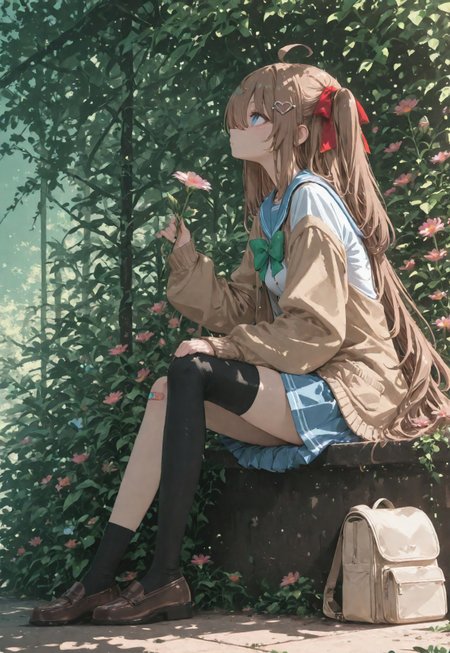 masterpiece, best quality, amazing quality, 1girl, solo, holding flower, sitting, Neuro-sama,ahoge,very long hair,long hair,brown hair,two side up,hair bow,red bow,hairclip,heart hair ornament,hair between eyes,bangs,blue eyes,school uniform,blue sailor collar,brown cardigan,open clothes,open cardigan,white shirt,green bow,puffy long sleeves,sleeves past wrists,small breasts,blue skirt,pleated skirt,bandaid on knee,single thighhigh,asymmetrical legwear,black thighhighs,single sock,loafers,brown footwear, full body, flower, from side, gradient background, profile, outdoors scenery, backpack, looking up, hand on own knee, beige bag, flower pattern background, sunlight, dappled sunlight,