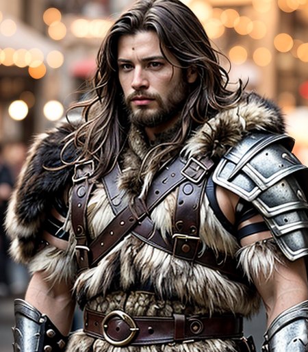 (masterpiece:1.2), (best quality,:1.2), 8k, HDR, ultra detailed, ((photorealistic)), perfect anatomy, professional light, cinematic lighting, fashion photography, ambient lighting,<lora:detail_slider_v4:2>, a male barbarian warrior, ((upper body shot)), wild hair, long beard, wearing leather and fur armor, brown shirt, belt, shoulder armor, warpaint, furs, bones, BarAr, <lora:BarbarianArmor-10:0.5>, epiCPhoto
