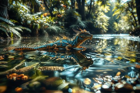 Close up photo of a ((blue Chinese water dragon)) gliding over a river, reflections in the water, in the style of double exposure, Art Nouveau, long exposure, layered lines, chiaroscuro, the best quality, masterpiece, absurdres, Long_Exposure ral-exposure, i <lora:ral-exposure-sdxl:0.700000>