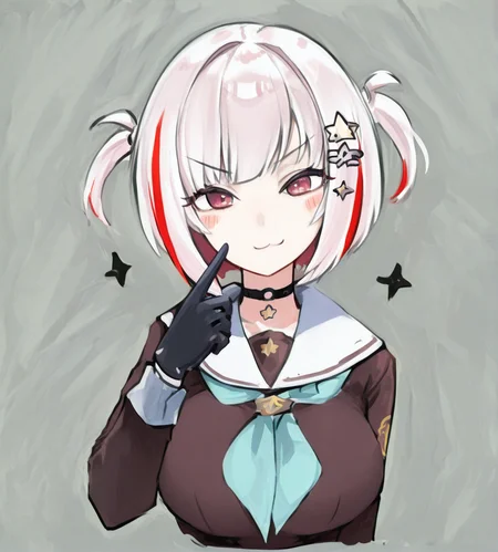 1girl, yugiri tsuzuri, wild hips, huge breasts, :3, alternate hairstyle, aqua neckerchief, arm at side, black choker, black gloves, blush stickers, bob cut, brown dress, choker, colored inner hair, cropped torso, dress, finger to face, gloves, hair ornament, hasu no sora school uniform, inverted bob, leaning to the side, long sleeves, looking at viewer, multicolored hair, neckerchief, o-ring, o-ring choker, partially colored, red eyes, red hair, sailor collar, sailor dress, school uniform, short hair, sketch, solo, star (symbol), star hair ornament, straight-on, streaked hair, two side up, upper body, v-shaped eyebrows, white hair, white sailor collar, winter uniform, 
intricate details,detailed background,  <lora:anatomy_helper:1> <lora:noobaiXLNAIXL_epsilonPred11Version-lora:0.1> <lora:gabang:1.3>