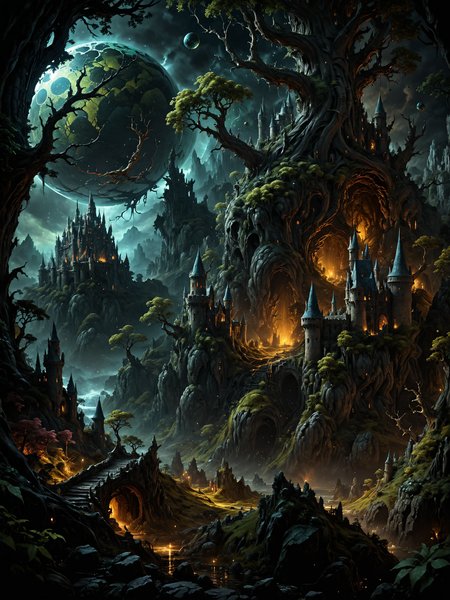 Create landscapes that could be the setting of a fantasy book, featuring mythical creatures and monsters, ancient castles or enchanted forests. detailed image, 8k high quality detailed, shaped sphere, amazing wallpaper, digital painting highly detailed, 8k UHD detailed oil painting, mythical nightscapes, fantasy art, cover art, <lora:zavy-cntrst-sdxl:0.8> dark, chiaroscuro, low-key <lora:sss:0.8> <lora:add-detail-xl:0.8> <lora:EdobHorrorLandscape_XL_v1.0:0.8> EdobHorrorLandscape