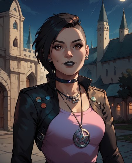 score_9,score_8_up,score_7_up,score_6_up,
nicoxl,piercing,black hair,hair to side,black lips,short short hair,brown eyes,
earrings,necklace,leather jacket,pink shirt,belt,black pants,bracelet,choker,
standing,upper body, light smile, 
night,outside,cathedral,wall,<lora:nicoXL:0.9>,