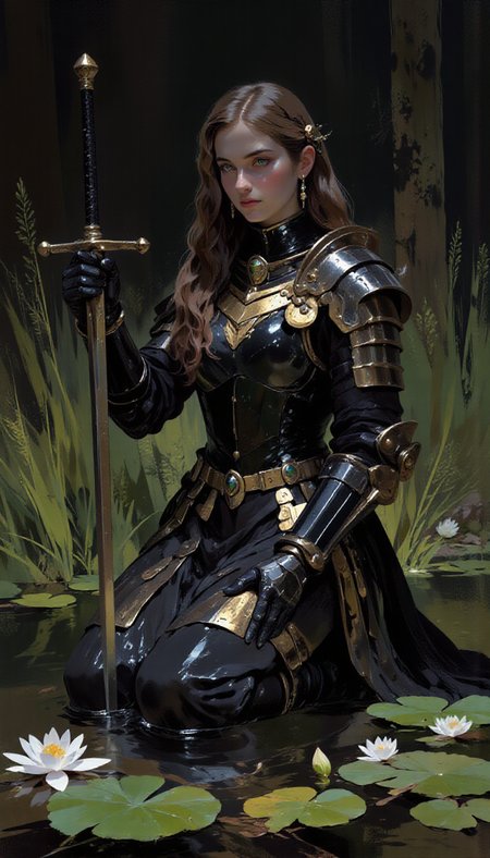 pscho_4rt,mythp0rt,very wide angle, put subject further away, small subject, A painting of a young woman in ornate armor kneeling in a serene pond, holding a sword, surrounded by lily pads and tall grass. the woman, who appears to be in her early twenties, has long, dark brown hair and is kneeling in the middle of the image, her eyes closed in a contemplative expression. she is wearing a black, ornate knight's armor, consisting of breastplate, gauntlets, and pauldrons, and is holding a large sword in her right hand. the background is a dark, misty forest with tall, green grasses and lilies floating on the water's surface, creating a moody atmosphere. the lighting is soft and diffused, casting gentle shadows on the woman's face and body. the overall mood is peaceful and serene, with a sense of calmness and tranquility.  1girl, solo, long hair, black hair, holding, closed eyes, weapon, kneeling, sword, holding weapon, armor, water, holding sword, wet, lips, wet clothes, knight, shoulder armor, lily pad  camera_angle: from side, art_style: digital painting, location: pond, background: tall grasses, water lilies in the foreground, text: NA, distance_to_camera: upper body, clothing: ornate armored armor, image_composition: middle, pants: none, accessory: sword, shoes: kneeling, action: kneeling in water, facing_direction: facing viewer, eye_direction : NA, facial_expression: calm, ear: NA;NA, gender: 1woman, hair_color: dark hair;black hair, hair style: long hair;long hair, race: light skin, body: slim