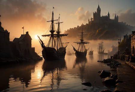 The overall tone is surreal, as if the viewer has stumbled upon this scene by chance, caught between the worlds of reality and fantasy. The level of detail is astonishing, from the intricate patterns on the ships' sails to the weathered wood of the quayside. The image has an otherworldly quality, as if it were painted by a master of the surrealist movement. low angel, 
<lora:add-detail-xl:0.9> dvr-lnds-sdxl <lora:MJ52:0.5> <lora:zavy-cntrst-sdxl:0.4> <lora:zavy-rmlght-sdxl:0.4> <lora:fog_creatures_v4:0.5>