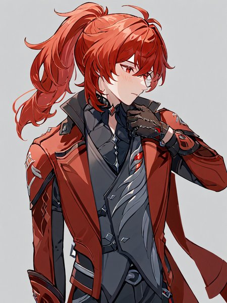 ultra-detailed,(best quality),((masterpiece)),(highres),original,extremely,<lora:diluc2_xl:1>,diluc (genshin impact), 1boy, long hair, male focus, gloves, solo, red eyes, red hair, black gloves, ponytail, black pants, official alternate costume, bangs, pants, red coat, long sleeves, simple background, hair between eyes, coat, vest, blush, shirt, two-tone gloves, sidelocks
