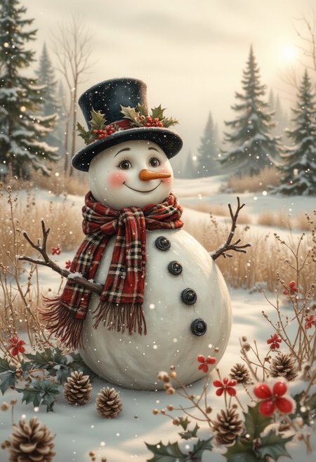 A flower field with a windmill in the distance A highly detailed snowman, wearing a cozy knitted scarf and a vintage top hat, featuring black button eyes, a vibrant orange carrot nose, and twig stick arms, surrounded by a pristine snowy landscape. Snowflakes gently falling in the background, with a soft wintery glow from the sun setting over snow-covered pine trees. Ultra-realistic textures for the snow and clothing, intricate details in the scarf fabric and hat, natural lighting, cinematic depth of field. Rendered in 8K resolution, volumetric lighting, ray tracing effects, subtle bokeh, captured in a medium-wide shot. aidmavintagechristmaspaper