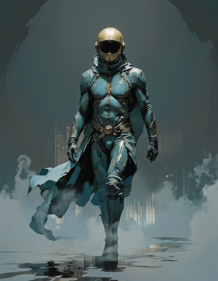 IllusFactor1. A photo-realistic shoot from a frontal camera angle about a mysterious astronaut in a teal, metallic suit with a gold helmet and a flowing cape, walking in a dimly lit environment. the image also shows a moody, ethereal atmosphere. on the middle of the image, a 1man, who appears to be in his mid-twenties, is walking confidently. the astronaut has a slim body and is wearing a blue, textured suit with gold accents. the suit is made of a shiny, metallic material and has intricate designs on the chest and arms. the helmet is gold and has a reflective surface, giving it a shiny appearance. the background is a gradient of teal and grey, with a soft, diffused lighting that creates a sense of depth and dimensionality. the overall mood is mysterious and captivating, with the astronaut standing out against the muted colors of the background.