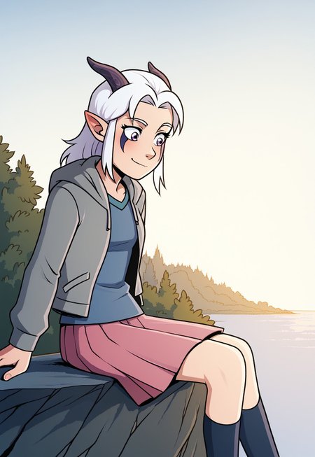 1girl, solo, Rayla, White Hair, Elf Ears, RayHorns, RayFacepaint, Colored Skin, Four Fingered Hand, grey hoodie, blue shirt, pink skirt, pleated skirt, denim jacket, sunset, sitting on a cliff edge, trees