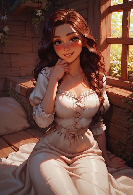 (score_9, score_8_up, score_7_up), girl, (beautiful face, cute face, 18 years old), brunette hair, long hair, straight hair, medieval dress, narrow hips, inside cozy medieval cabin, soft lighting, smiling, blush, looking at viewer