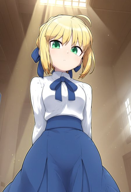 masterpiece,best quality,good quality,newest, <lora:tokyu_mikan_style_IL:1>, tokyu_mikan_style, 1girl, saber, 
looking at viewer, cowboy shot, 
indoors, light rays,