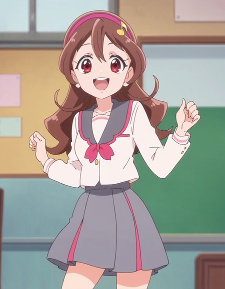 score_9, score_8_up, score_7_up, anime screencap, solo,1girl,sakurauta,school uniform, open mouth, smile,gray skirt,  pink hairband, sailor collar,looking at viewer,cowboy shot,medium breasts,<lora:sakurauta_pony_v2:0.8>