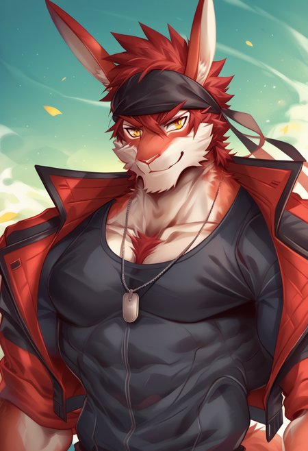 score_9, score_8_up, score_7_up, ((best quality)), absurdres, masterpiece,best quality,anthro,solo,looking at viewer,anime style,(anthro,furry,male focus,muscular,muscular male,pectorals,bara,animal ears,furry male),
,upper body,(1boy,rabbit boy,headband,red hair,rabbit ears,red body,yellow eyes,red eyebrows,jacket,pectoral cleavage,chest fur,rabbit tail),stand,looking at viewer,seductive smile,dog tag,
 <lora:Rabbity_style:1> by_rabbity, <lora:Expressive_H:1> Expressiveh,