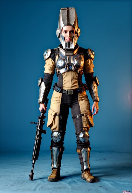 badass Corpus, corpus crewman, Tan and black corpus suit, corpus tileset,  1boy, wearing cirpus crewman outfit, wearing corpus crewman helmet, helmet covering face, face fully covered, holding gun, holding dera rifle, Dera, corpus gun, gun, dera rifle, dera gun, 
(Corpus helmet, wearing helmet, wearing corpus helmet), , (dark shot:1.17), ((epic)) realistic, faded, , art, (hdr:1.5), (muted colors:1.2), hyperdetailed, (artstation:1.5), cinematic, warm lights, dramatic light, (intricate details:1.1), complex background, (rutkowski:0.8),((full body:1.9)), by Blizzard entertainment, big armor, l, wearing corpus helmet, low light, facing camera, lot of details, detailed armor, half side portrait, on corpus tileset, (night time),