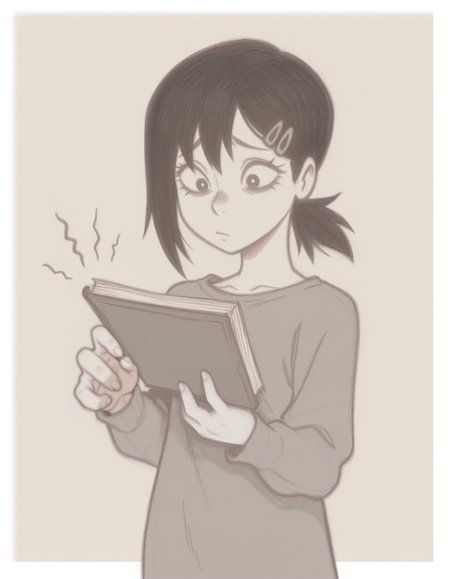 masterpiece, best quality, simple background, white border, 1girl, solo, <lora:anatomy_helper:0.8>
<lora:BranSant:0.9> bransant, traditional media, graphite \(medium\), limited palette, 
holding book open, one hand holding, one hand turning page, looking at book, eye visible, detailed hands, medium shot, focused expression, higashiyama kobeni, chainsaw man