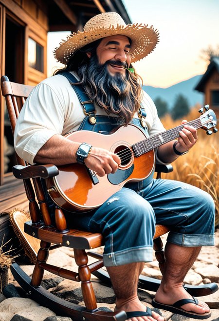 SmoothNoob_Quality, 1boy, solo, smile, long beard, wrinkled skin, fat man, straw hat, overalls, denim, white shirt, wristwatch, stalk in mouth, flip-flops, sitting, rocking chair, banjo, playing instrument, musical note, motion lines, outdoors, depth of field, cinematic, cabin, twilight,  <lora:SLE_v2:0.25>​​​ <lora:Smooth_Booster_v3:0.6>