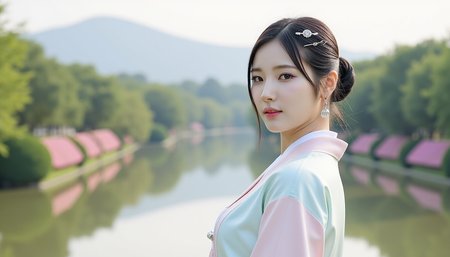 Imagine a young Asian woman dressed in the elegant attire of the Joseon era, standing in a serene and picturesque landscape. She wears a traditional hanbok, the delicate layers of fabric in shades of soft pastel blues, pinks, and creams flowing gracefully with the gentle breeze. The hanbok's jeogori (jacket) is adorned with intricate floral embroidery, symbolizing peace and prosperity, while her chima (skirt) falls in beautiful folds, creating a graceful silhouette.

Her hair is styled in a refined updo, with a simple yet elegant norigae (decorative tassel) hanging from the strings of her hairpin. A delicate silver hairpin shaped like a flower or bird rests securely in her hair, giving a subtle touch of sophistication. Her face radiates youth and grace, with gentle, almond-shaped eyes that reflect the quiet beauty of the surroundings.

She stands near a serene pond in a blooming garden, surrounded by lush greenery and the gentle mist of a distant palace range. The sky above is soft, either the light hues of dawn or the golden glow of dusk, lending a dreamy atmosphere to the scene. Her presence feels harmonious with the tranquil landscape, as if she belongs to the timeless elegance of this historical moment.