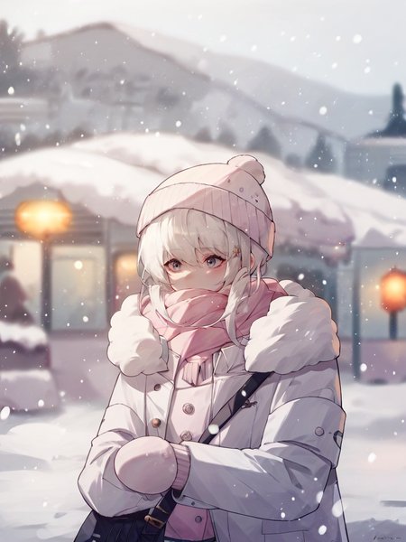 score_9, score_8_up, score_7_up, score_6_up, score_5_up,   <lora:snowXLP:1> snow, outdoors, winter, 1girl, solo, hat, snowing, white hair, white coat, fur trim, winter clothes, blurry background, pink scarf