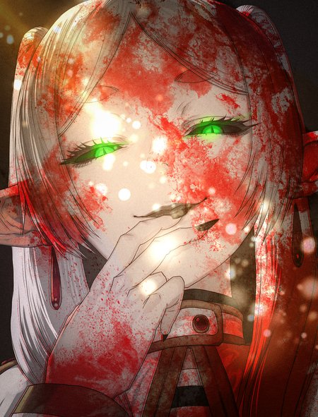 1girl, solo, facing viewer, portrait, upper body, 
frieren, black sclera, half-closed eyes, slit pupils, green eyes, smirk, closed mouth, staring, looking down, looking at viewer, hand on own lips, long fingers, sharp fingernails, black nails, black lips, from below, 
masterpiece, best quality, amazing quality, very aesthetic, 
(lips, nose:1.2),
(by sawarakajin:1.25),