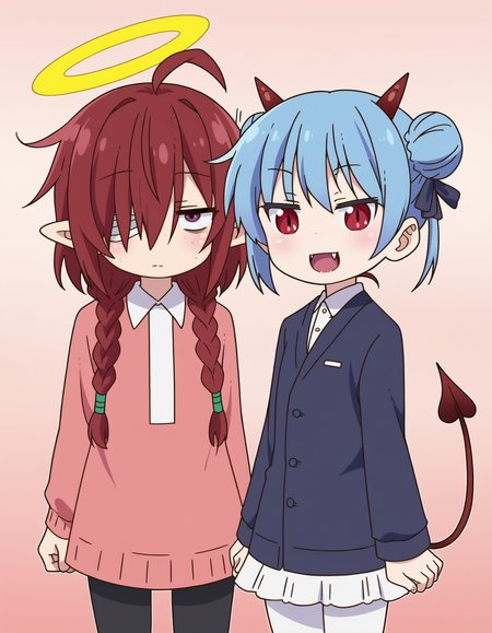 zPDXL, score_9, score_8_up, score_7_up, source_anime, (portrait),  <lora:KobayashiDragonPack:1> drgmd, 2girls, multiple girls, <lora:Nullantwins:0.8>,
2girls, multiple girls, Lynn, red hair, red eyes, (bandage over one eye, hair over one eye), braided ponytail, halo, freckles, bags under eyes, jitome, ahoge, pointed ears, flat chest, black jacket, butler, white shirt, black tie, black pants,
2girls, multiple girls, Zhuu, blue hair, red eyes, pointy ears, fangs, large fangs, red horns, demon tail, flat chest, (double bun), white pantyhose, maid, maid headdress, black dress, elbow gloves, white gloves, juliet sleeves, short sleeves,