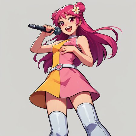 yumi,  score_9, score_8_up, score_7_up, score_6_up,  BREAK  <lora:Hi_Hi_Puffy_AmiYumi:0.7>,AmiYumi, solo,girl, cute, excited,  Seductive look, medium breasts, one breast out, hold breasts, pov from below, bra,  ami , 1girl, 1girl, microphone, solo, boots, pink_hair, skirt, smile, standing, hair_ornament, knee_boots, double_bun, white_footwear, thighhighs, sleeveless, flower, dress, upper body, nsfw, covered nipples, long hair, sing,