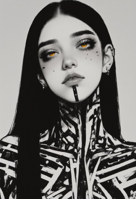 This is a high-resolution, monochromatic photograph of a young woman with an otherworldly appearance. She has light skin with a scattering of freckles across her face and neck, giving her a youthful, fresh look. Her eyes are glowing a bright, eerie yellow, lacking pupils and irises, which adds to the mysterious and unsettling atmosphere of the image. Her hair is dark and pulled back, with a few strands falling loosely around her face. 
She wears tribal-inspired, geometric black body paint on her face, neck, and shoulders, featuring intricate patterns and shapes that resemble futuristic or ancient tribal designs. The black markings are bold and sharp, contrasting starkly against her pale skin. Her lips are full and slightly parted, giving a contemplative expression. She has a silver ring piercing in each ear, adding a modern, edgy touch to her appearance.
The background is a plain, light gray, which helps emphasize the subject without any distractions. The overall aesthetic combines elements of tribal art, body paint, and a futuristic cyberpunk style, blending seamlessly into a haunting, avant-garde portrait. The lighting is soft and even, casting subtle shadows that enhance the contours of her face and the intricate patterns on her skin.