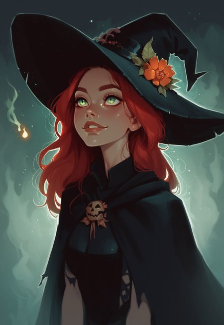 score_9, score_8_up, score_7_up, score_6_up, 1 woman, perfect eyes, flower in hair, soft smile, long hair, red hair, torn clothes, witch hat, magic, (green flames:1.2), night, midnight, fog, halloween, dramatic lighting, backlight, portriat, looking up, rating_safe