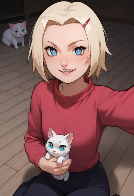 ino, hair ornament, hairclip, 1girl, solo, blonde hair, short hair, blue eyes, smile, looking at viewer, BREAK level_9, level_8_up, level_7_up, source_anime, masterpiece, BREAK naruhodou_artstyle, BREAK outdoor, sweater, selfie
long hair, shirt, cross-shaped pupils, hair between eyes, sharp teeth, smiling, 
BREAK
level_9, level_8_up, level_7_up, level_6_up, level_5_up, source_anime, masterpiece 
BREAK
laying on the floor, cats, a lot of cats, cats all around, covered in cats, CATS, cat, happy, cats everywhere, cats all over ino cuddling, cute, patting cats, various colors of cats, various cats,