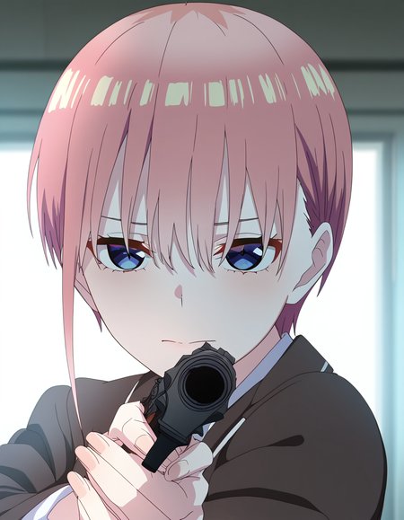 masterpiece, best quality, newest, absurdres, highres, safe,, <lora:ichika-nakano-s2-ponyxl-lora-nochekaiser:1>, ichika nakano, short hair, bangs, blue eyes, hair between eyes, pink hair, pixie cut, large breasts, anime screencap, <lora:center-axis-relock-stance-illustriousxl-lora-nochekaiser:1>, center axis relock stance, looking at viewer, holding, closed mouth, weapon, holding weapon, gun, holding gun, handgun, aiming, finger on trigger, aiming at viewer, m1911,, ,