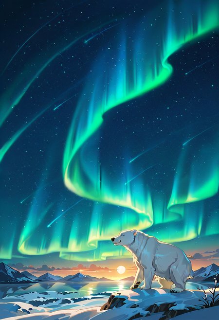 aurora borealis, aurora, starry sky, night,no humans,polar bear,