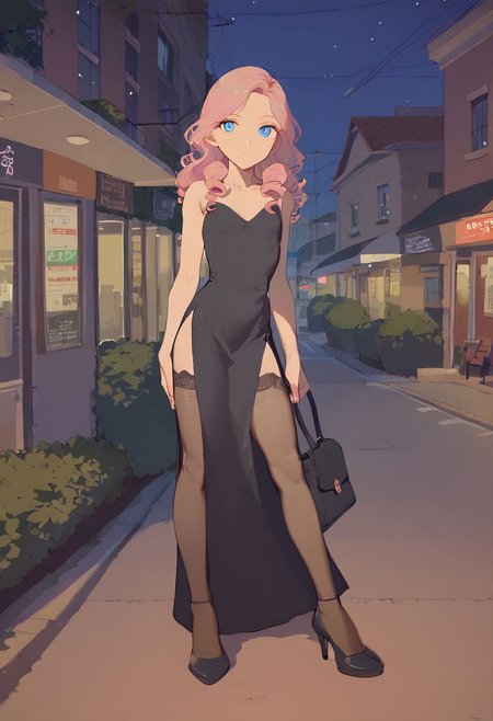 score_9, score_8_up, score_7_up, score_6_up, rating_explicit, vivid, vivid colors, colorful, eye catching, BREAK, solo female, 21 year old woman, (college girlfriend), (flat chest), (long legs), (wide hips:0.5), curly hair, blue eyes, blonde to pink hair color gradient, high slit dress, black evening gown, sheer stockings, tiny black purse, outdoors, Manhattan, Greenwich Village, nighttime, at night, date with your beautiful girlfriend, loving, sweet, (smile:0.5),