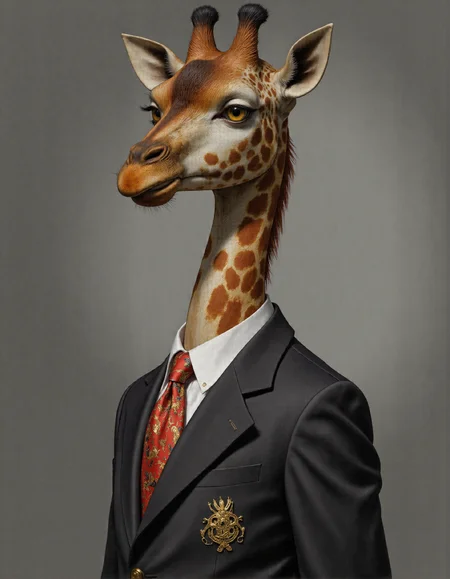 Rembrandt style <lora:funnys:1>, This is an ultra-realistic, highly detailed portrait of a giraffe rendered with meticulous attention to texture, lighting, and whimsical contrast. The giraffe stands confidently against a smooth gradient grey background that transitions from a deep charcoal at the bottom to a soft silvery hue near the top, creating a neutral yet dynamic setting that highlights every intricate detail of the subject.
The giraffeâs body is tall and elegant, covered in a patchwork of irregular, golden-brown spots that vary subtly in tone and texture. Each spot has a velvety sheen under the soft, diffused lighting, with faint ridges and fine hairs visible along their edges where light catches the coarse surface of its coat. Beneath the patterned skin lies a sense of underlying musculature, emphasized by subtle shadows that trace the contours of its neck, legs, and torso. The skin around its joints and underbelly is smoother and lighter in color, with delicate folds that add a tactile realism to its form.
Its face features sharp, lifelike details: large, expressive eyes are framed by long, dark lashes and adorned with intricate patterns unique to each individual giraffe. The eyes shimmer faintly, reflecting hints of amber and hazel that give them a warm, intelligent gaze. Tiny wrinkles radiate outward from the corners of its eyes and mouth, adding depth and character to its expression. Its nostrils flare slightly, capturing the essence of calm alertness, while its lipsâsoft and flexibleâare curled into a gentle, curious smile.
The giraffe dons a tailored charcoal-grey business suit that fits snugly over its slender frame, blending professionalism with a touch of surreal humor. The suit jacket is impeccably cut, with sharp lapels and subtle shoulder padding that accentuates its poised demeanor. However, the fabric of the suit is anything but ordinaryâit features a playful pattern of dancing Mickey Mouse figures , rendered in vibrant shades of red, yellow, and black. Each Mickey figure strikes a different pose, mid-twirl or mid-jump, creating a lively, almost animated effect across the otherwise formal attire.
Beneath the suit jacket, the giraffe wears a crisp white dress shirt, slightly rumpled as if it's been worn through a busy day. A bright red silk tie completes the ensemble, knotted neatly at its throat, though one end hangs slightly askew, hinting at a carefree attitude despite the polished appearance. The tie is adorned with tiny embroidered Mickey silhouettes, tying the whimsical theme together seamlessly.
Lighting plays a crucial role in this piece, with soft, even illumination casting gentle shadows that accentuate the giraffe's three-dimensional form. Subtle highlights run along the ridges of its ossicones (the horn-like structures atop its head), the curve of its ears, and the raised fibers of its fur, while deeper shadows pool within the folds of its skin and the creases of its clothing. This interplay of light and shadow creates a masterfully realistic rendering, drawing the viewerâs eye to the intricate textures and imperfections that define the giraffe's character.
Every element of this portraitâfrom the carefully crafted texture of the giraffe's spotted coat to the whimsical dancing Mickeys on its business suitâhas been meticulously designed using advanced CGI techniques combined with photorealistic textures. The result is an unparalleled level of realism that blurs the line between digital art and photography, inviting viewers to linger over the smallest details and marvel at the juxtaposition of sophistication and playfulness in this unconventional yet compelling subject. . Baroque, chiaroscuro, realistic, emotional, "flat lighting