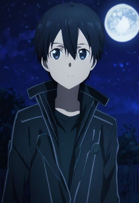 high resolution, solo, best quality, 1Boy, Kazuto Kirigaya, Black Hair, Black Eyes, open space, night sky, moon, OverallDetail