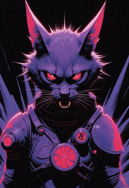 A mesmerizing digital painting captures the eerie, haunting beauty of a close-up view of an Info Dealerbeastmaster's fearsome Gajalaka Palico face. The subject is surrounded by intricate details that showcase his unique riot shield emblem adorning his armor, as well as every groove and texture in the creature's leathery skin, sharp teeth, beady eyes, and sinewy muscles accentuated by his intimidating riot shield. This modern dark fantasy artwork masterfully captures the unsettling yet intriguing allure of this cat-like creature from the world of Monster Hunter. The artist uses bold colors, heavy brushstrokes, intricate linework, and expert use of light and shadow to create an atmosphere of foreboding tension, showcasing the formidable Gajalaka in its macabre glory within the realm of modern dark fantasy art., <lora:test2-000013-nistyle:0.5> Nistyle,<lora:Reticulating_Noise_Gradient_Flux:0.3> Reticulating Noise Gradient, noisy, grain-shaded gradient, vibrant neon fluorescent hues, grainy, pixelated texture, filter-enhanced, stylized image, monochromatic color scheme, neon fluorescent theme,<lora:Wiz-Arcana-Spectral_Glow:0.35> spectral glow, chromatic grain, motion blur, diffuse silhouette, light leak effect, prism effect, inverted negative film, ethereal, <lora:DND_GRAINYBOYZ_FG_FLUX_V2_ROMULUS_Lora:0.35><lora:DND_COLORBOYZ_FG_FLUX_REMUS_Lora:0.25> DNdGr41nyB0yz style, <lora:ck-greasepencil-000018:0.5> high quality fine line concept art drawing in the style of ckgp