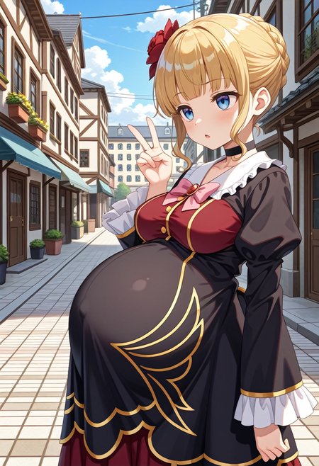 STYLE(comfy++,none) masterpiece, best quality, absurdres, 1girl, cura, azuuru, torino aqua, 1girl, beatrice \(umineko\), umineko no naku koro ni, blue eyes, blonde hair, hair flower, dress, choker, medium breasts, pregnant, big belly, standing, closed eyes,  grimace, chestnut mouth, looking ahead, breast suppress, v, arm at side, cowboy shot, from side,  day, street, game cg, <lora:Pregnancy_Slider:1.2> <lora:pregnantv7_c:0> <lora:pregnantv7_l:0> <lora:pregnantv7_te:0> <lora:pregnantv7_clte:1> <lora:dmd2_sdxl_4step_lora_fp16:1>