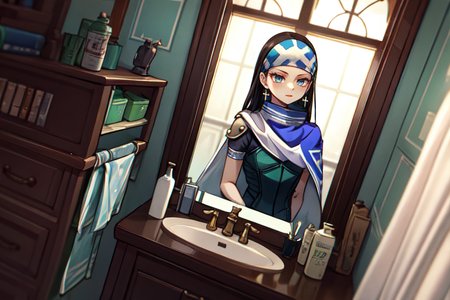 highly insanely detailed, masterpiece, top quality, best quality, highres, 4k, 8k, RAW photo, (very aesthetic, beautiful and aesthetic),  
beth_\(megami_tensei\),bethsmtii,shin megami tensei ii,long hair,black hair,straight hair,sleek black,jewelry,cross,headband,red_lipstick,messian_cross_earrings,cross_earrings,religious_earrings,messian_symbol_jewelry,bandana_with_messian_symbol,Religious_bandana,symbol_headband,messian_church_bandana,white cape,cape_with_messian_symbol,Religious_cape,messian_symbol_cape,holy_knight_cape,Blue_dress,armored_corset,blue shirt,katana,sword, 
<lora:zs_Beth:0.8>, 
(1girl:1.3), 1other, 
bathroom with a sink with bath,handrails,soap bottle,soap,chitin bathroom,chitin a sink,chitin handrails,chitin faucet,chitin mirror,chitin toilet,chitin window,chitin,(chitin theme:1.2),(rough jagged texture:1.3),glow,jade,âââ