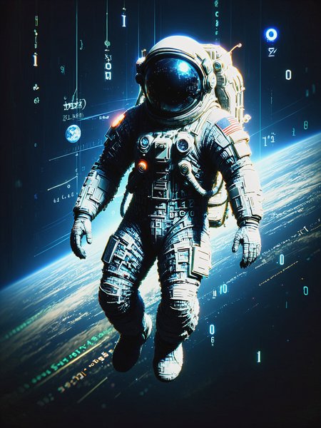 mad-dtstrm astronaut floating in orbit of earth, , floating numbers <lora:Neon_Cyberpunk_Datastream_SDXL:1.2>, (masterpiece:1.2), best quality