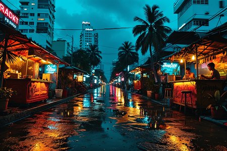 On a neon-lit Sukhumvit Road in Bangkok where palm-lined sidewalks meet swanky rooftop bars and street food carts, Nighttime glow â vibrant neon floods every surface, (long palm shadows:1.0) tiptoe across wet asphalt, and (thai pop beats) pulse from open doorways.,, Masterpiece,best quality,realistic,HDR, 8K, masterpiece, best_quality, absurdres, ultra-detailed, highly aesthetic,sweeping landscapes, unique perspectives, epic scale, revealing hidden beauty, showcasing vastness, immersive experience, precise compositions, expert piloting, dynamic angles, cinematic storytelling, showcasing natural wonders, aerial exploration