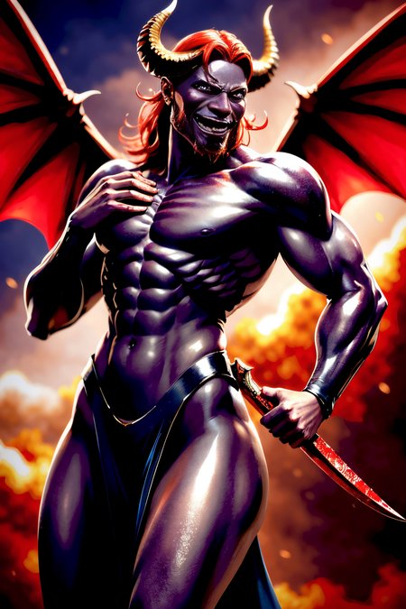 (Realistic:1.5) red hair shiny cropped torso sharp teeth smile colored skin slit pupils realistic facing viewer demon holding weapon demon wings dark skin demon horns brown background book horror (theme) armor tongue out facial hair  <lora:EdobFireAlienSoul_v1.0:0.8>