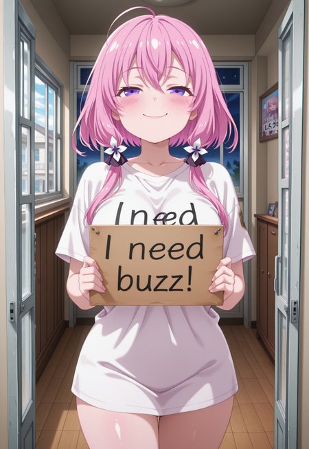 masterpiece, best quality, amazing quality, very aesthetic, absurdres, newest, chromatic aberration, (solo), 1girl, pink_hair, purple eyes, ( pink blush:1.1), zzgennyfinzz, medium breast, ,,, shiny skin,,, hair between eyes, masterpiece,best quality, anime screencap, adult woman, newest, standing at the window inside the apartment, view from the outside, view from the street, 1st floor, open window, looking out the window, smug, home tights, oversized home T-shirt, need_buzz, holding sign,<lora:detail_slider_v1_000000450:5> <lora:TrendCraft_The_Peoples_Style_Detailer-v1.0A-3_13_2025-illustrious:0.2>
